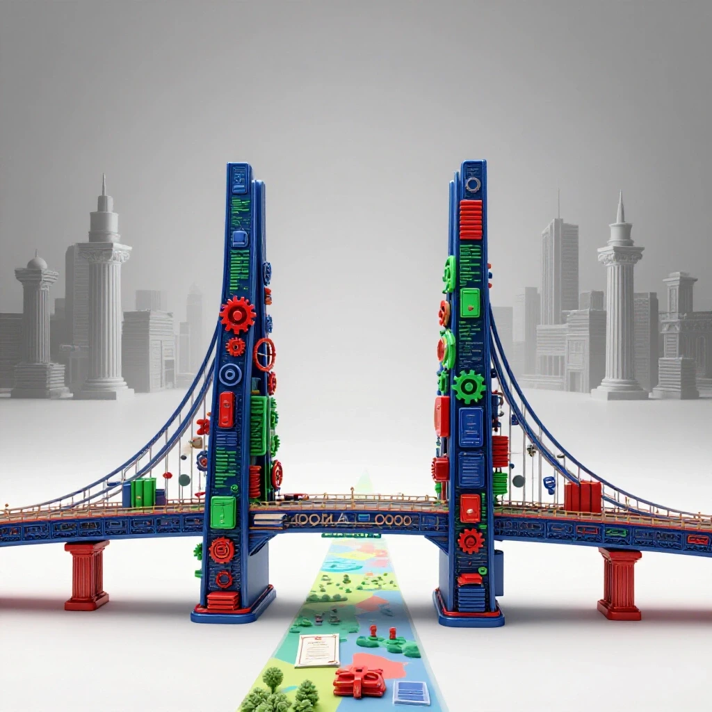 A vibrant, glossy bridge made of diverse tools and certificates leads from shadowy diplomas to a bright landscape.