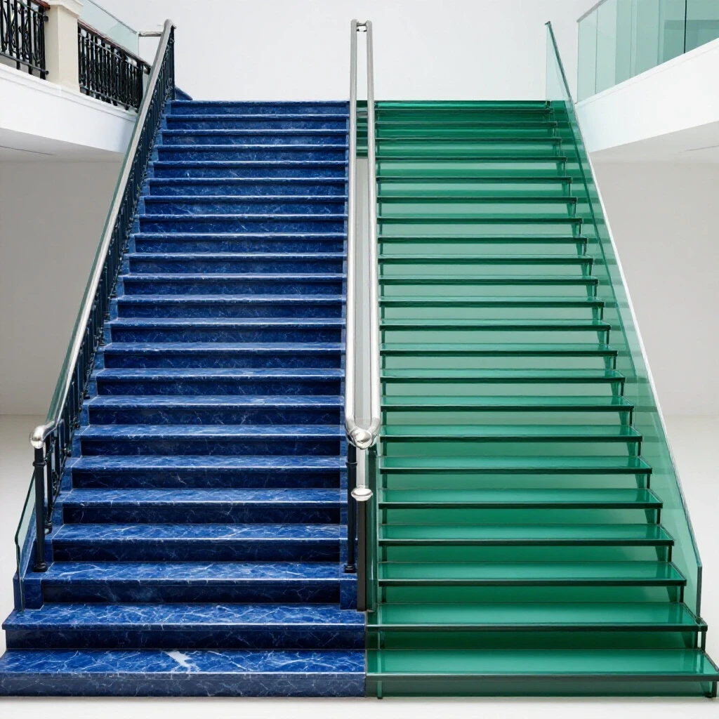Contrasting classical blue courthouse staircase and sleek green office pathway meet at center, symbolizing transition from law to compliance.