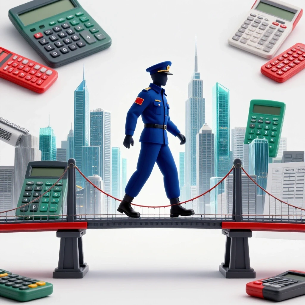 Military uniform crossing a bridge made of accounting tools toward a bright city skyline symbolizing civilian careers.