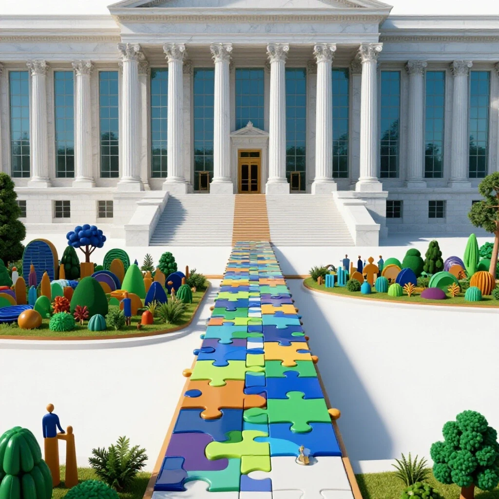 Glossy, colorful puzzle-piece bridge connects vibrant nonprofit base to grand marble government building on white background