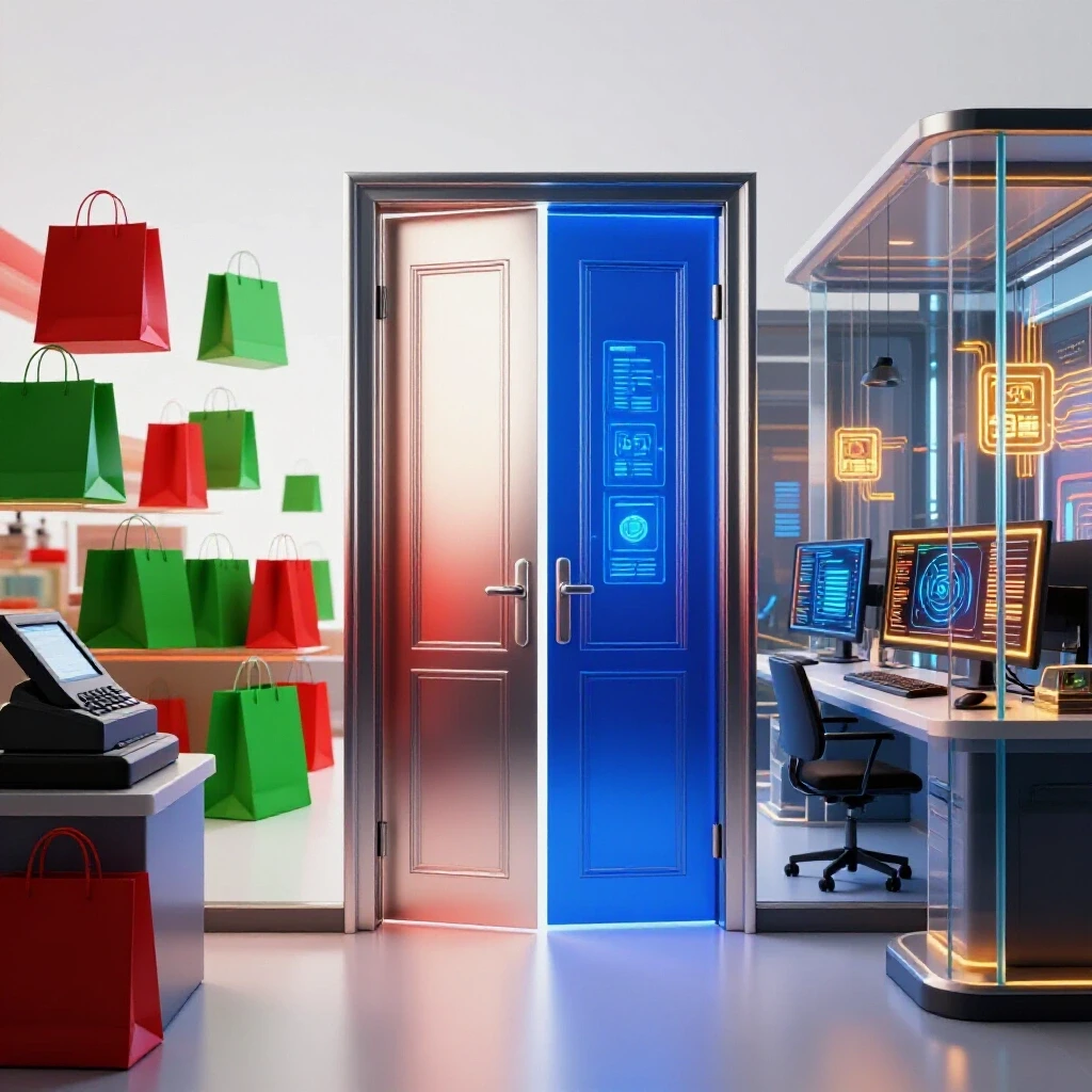 Glossy transition doorway bridges vibrant retail symbols and futuristic IT workspace in bold colors
