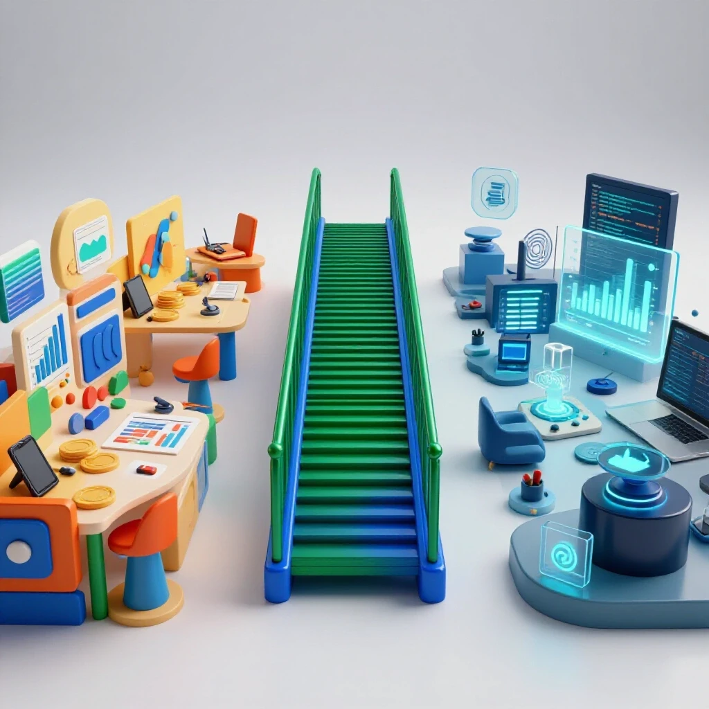 Dynamic bridge connects vibrant sales symbols to analytical data science objects in a luminous studio setting.