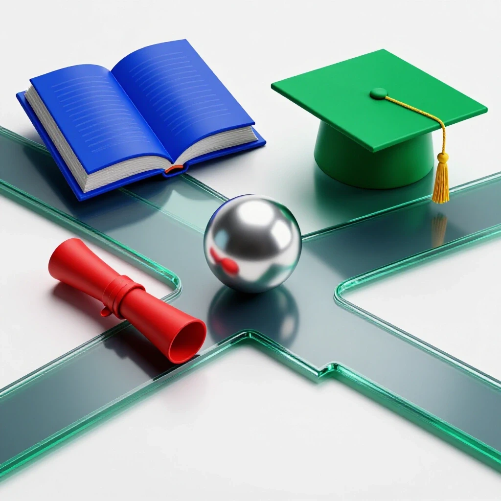 Three vivid academic symbols branching from a central crossroads on glossy colored paths, set against a bright white background.