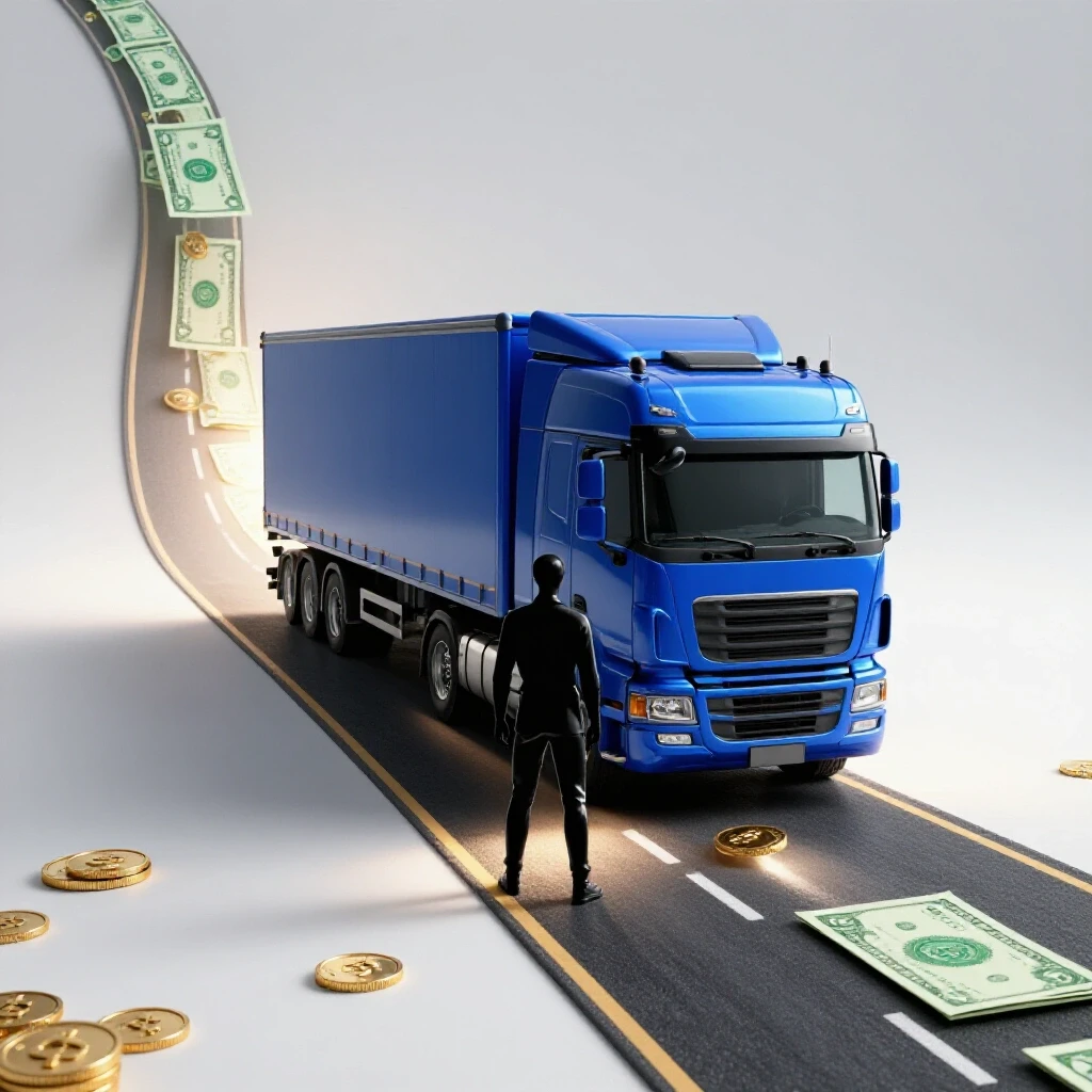 A glossy blue semi-truck and an abstract figure face a sunlit road lined with coins and dollar bills, symbolizing truck driving school earnings.