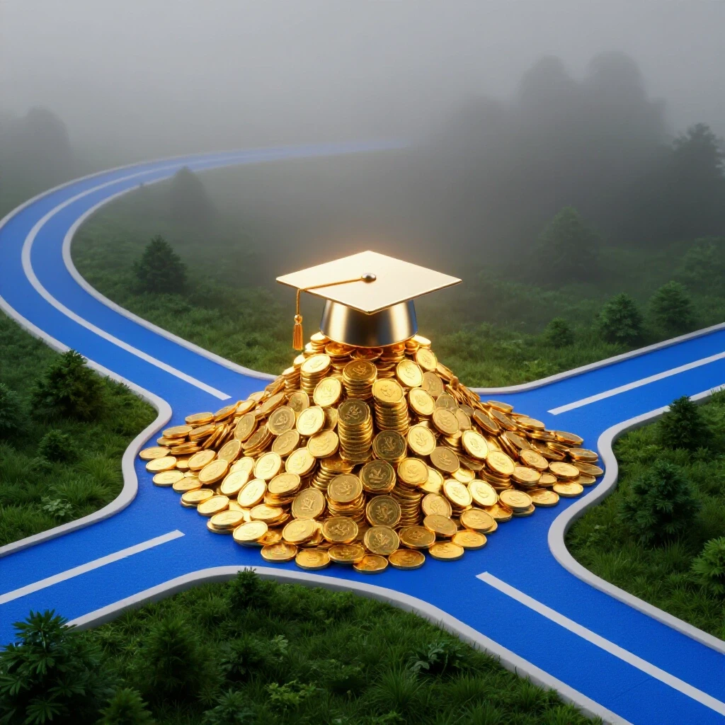 At a crossroads, one brightly lit path leads to a graduation cap atop gold coins, the other fades into shadowy uncertainty.