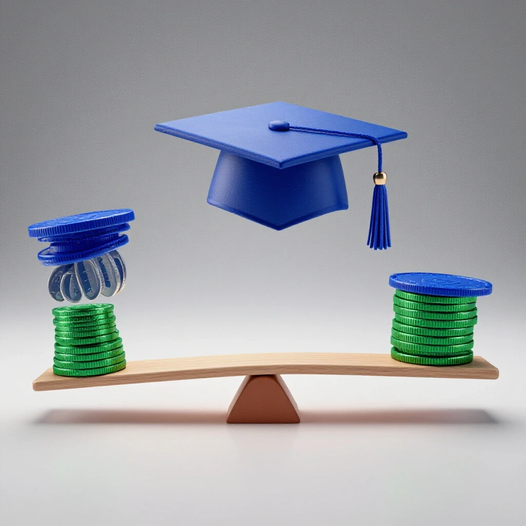 A seesaw balances a royal blue graduation cap opposite a stack of emerald green coins on a bright background.