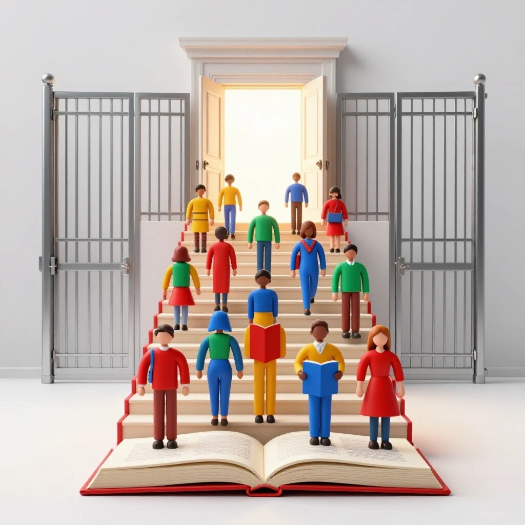 Colorful book staircase leads vibrant student figures to glowing university door beyond locked gates