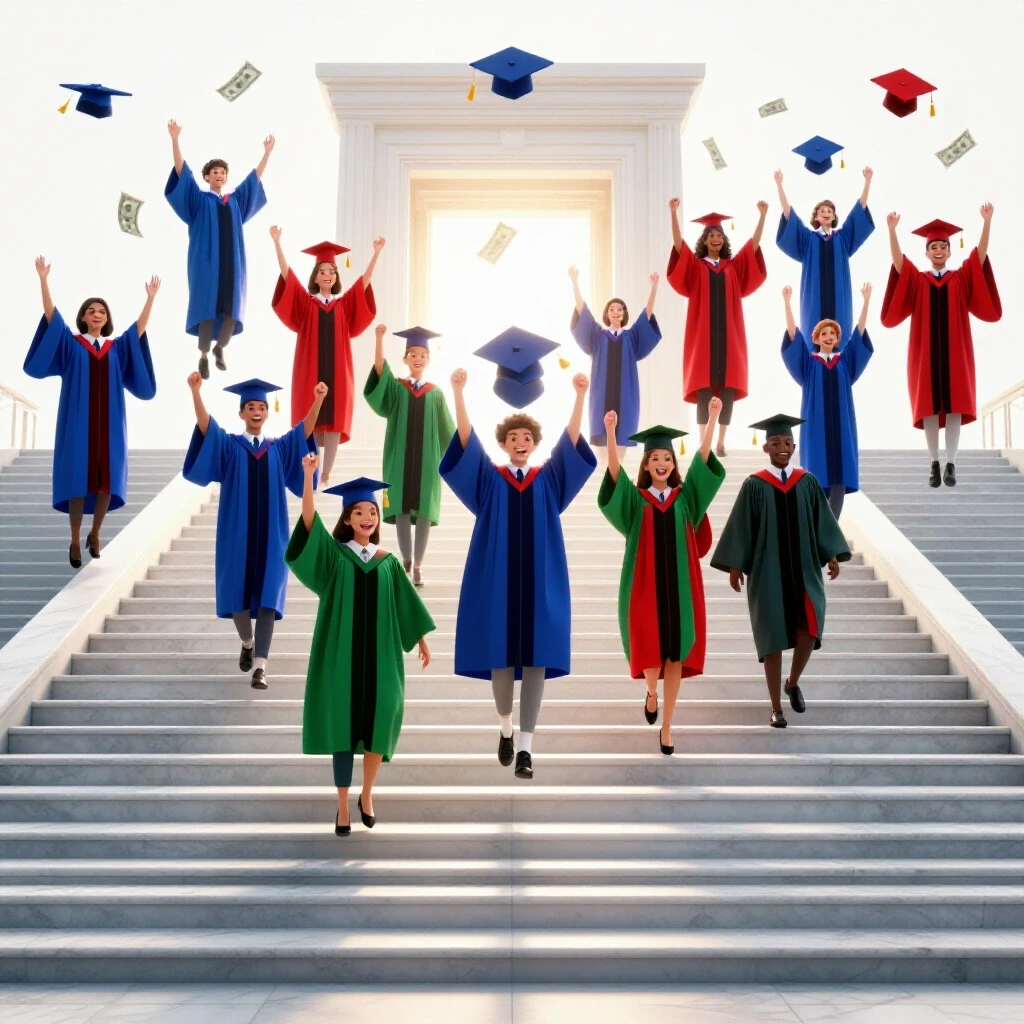 Diverse graduation caps and gowns ascend marble steps toward a glowing university doorway, with vanished dollar bills symbolizing tuition-free opportunity.
