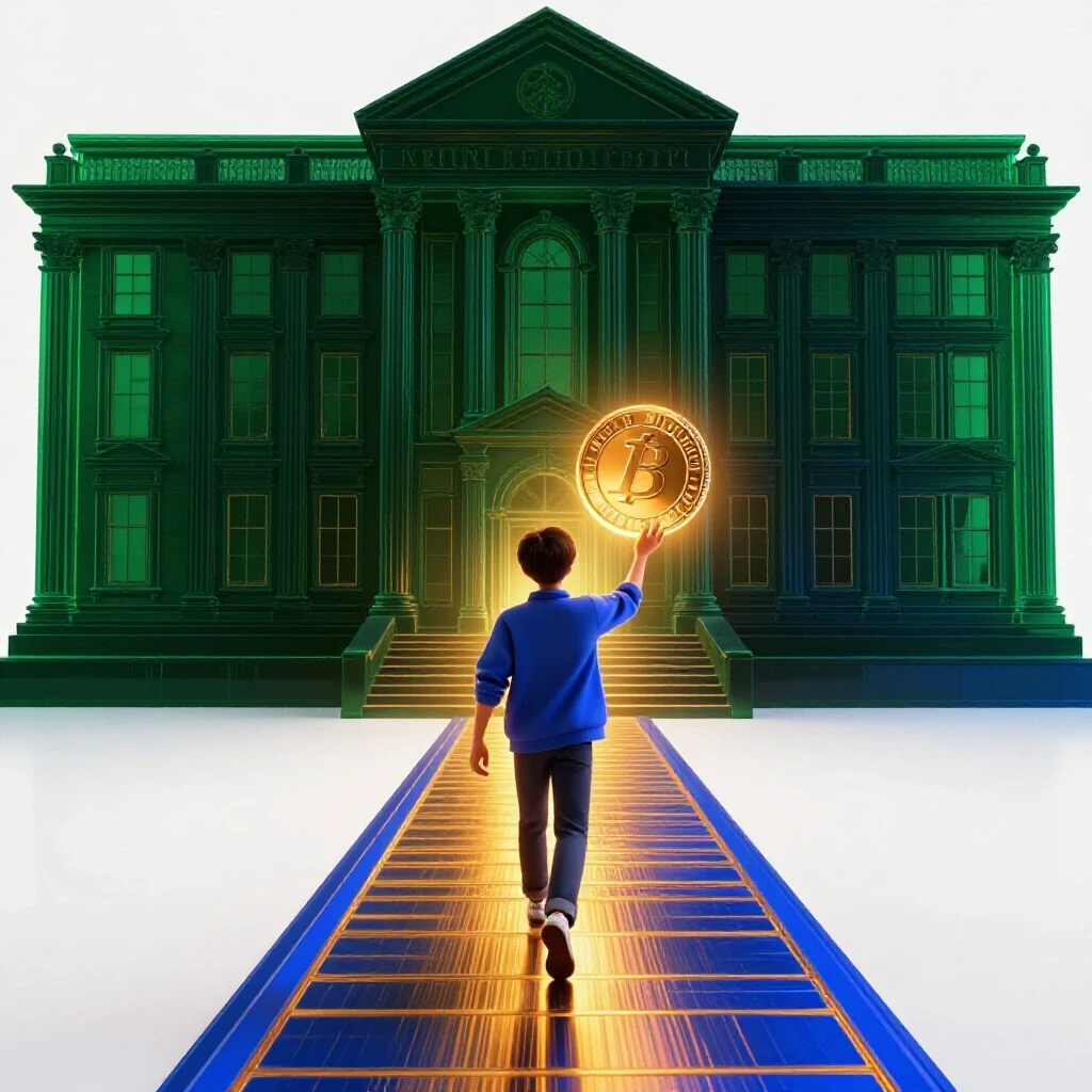 Student holding a glowing coin steps away from shadowy university, path of light symbolizing tuition refund