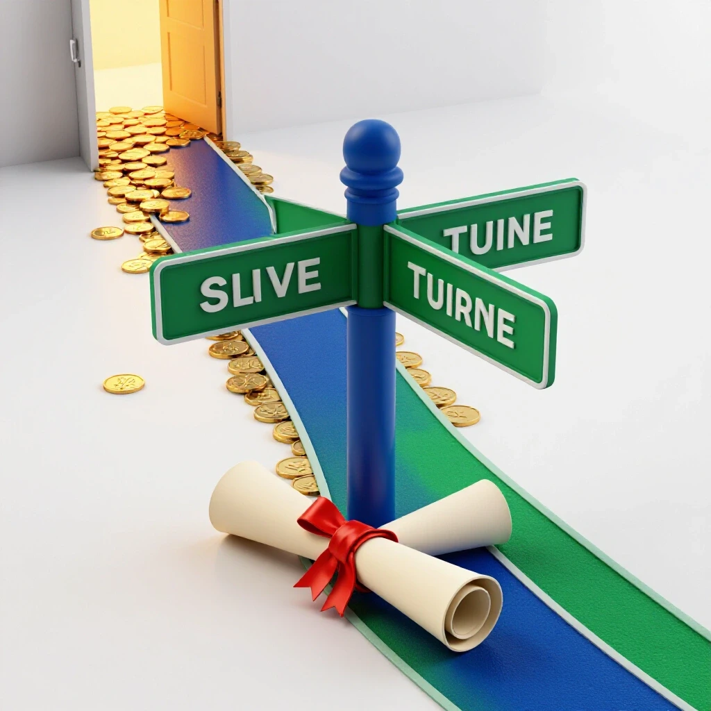 A crossroads signpost with a diploma and two paths, one paved with gold coins leading to a glowing open door.