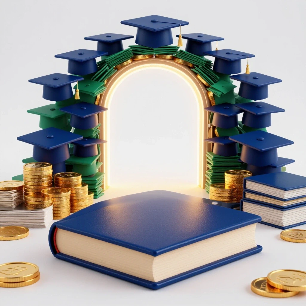 A glowing gateway made of graduation caps flanked by stacks of gold coins and academic documents on a bright background.