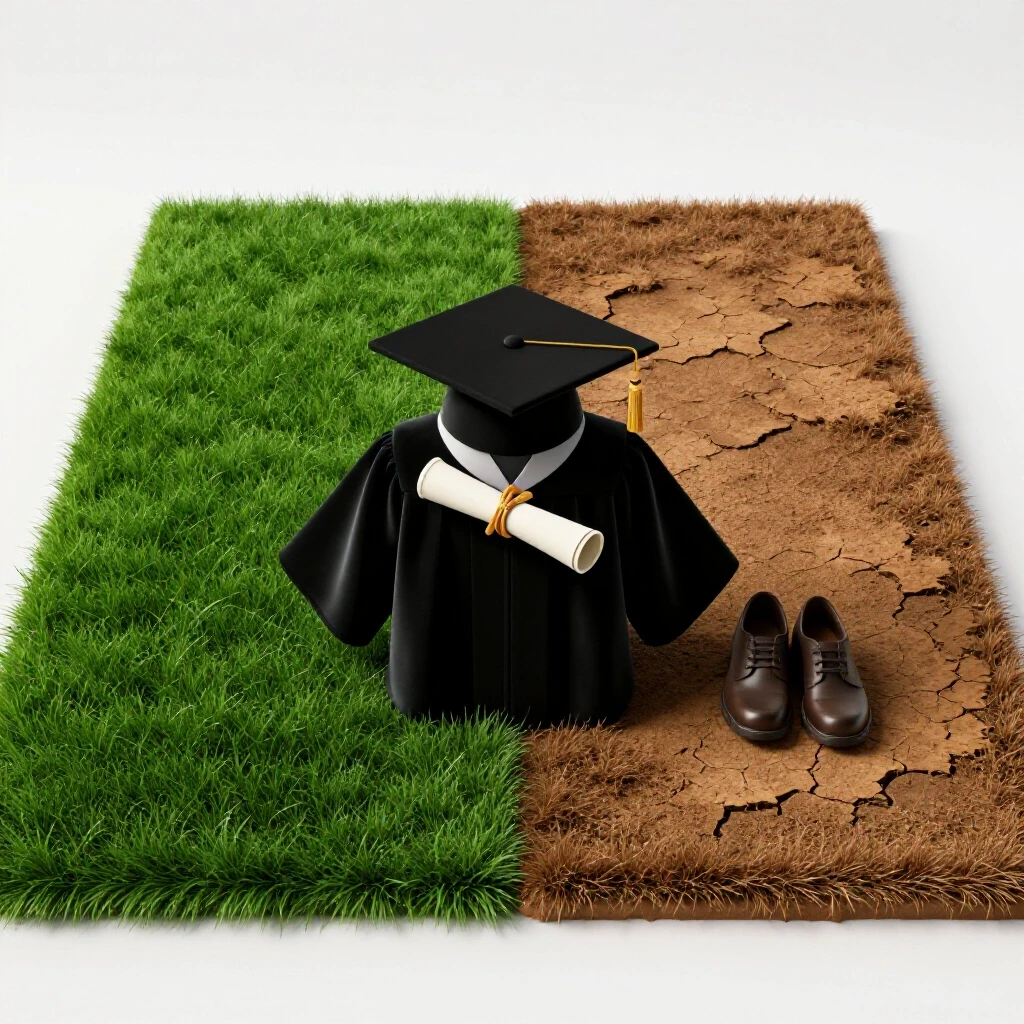 Split scene shows lush green turf with cap and gown beside patchy brown grass and empty shoes on a bright background.