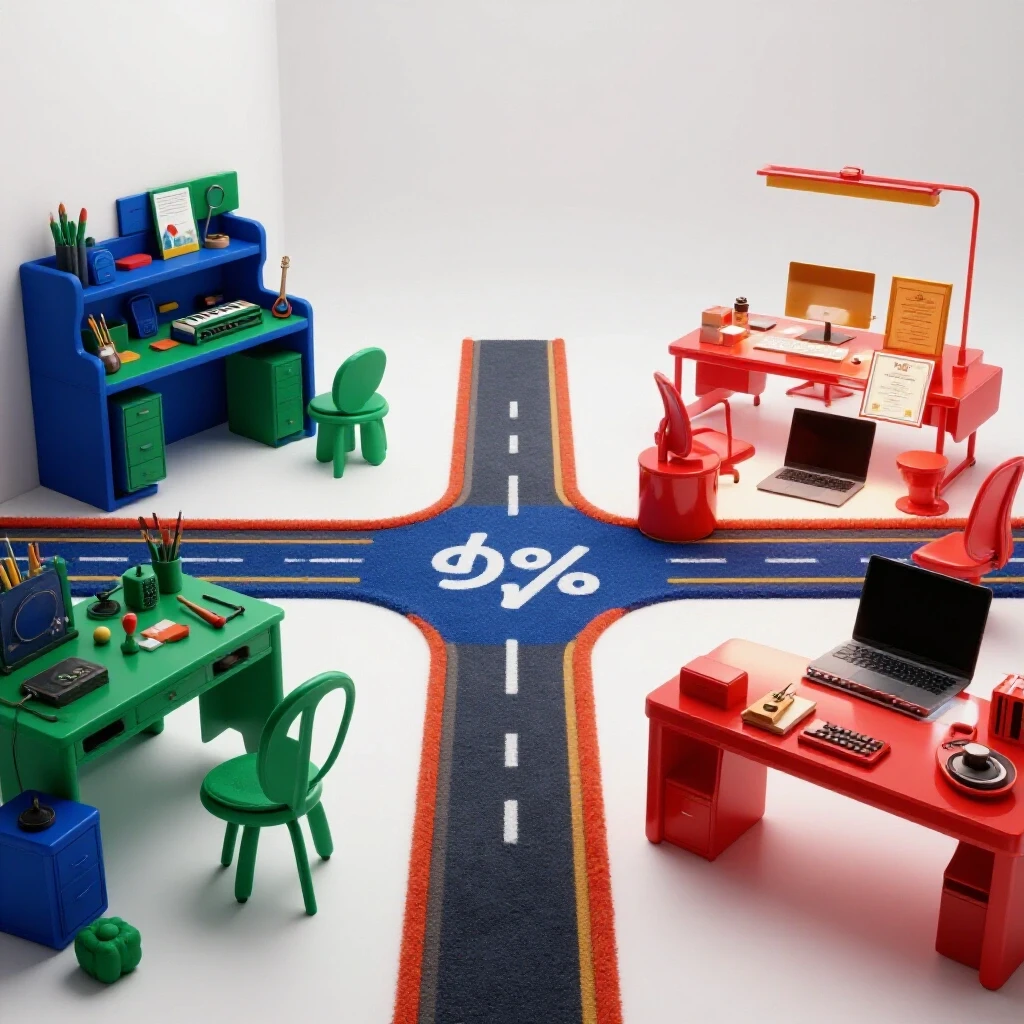 A vivid crossroads connects a cozy hobby workspace with vibrant tools to a sleek, modern office environment.