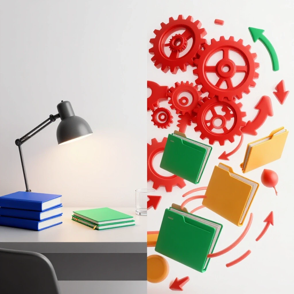 Split scene of a calm study desk with books and lamp on one side, dynamic folders and gears on the other, symbolizing learning speed contrast.