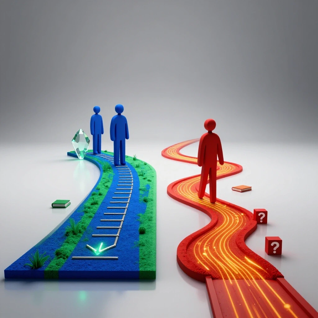 Split 3D scene showing a guided path with mentor symbols on one side and a solo, winding trail with obstacles on the other, with vibrant colors and a bright background.