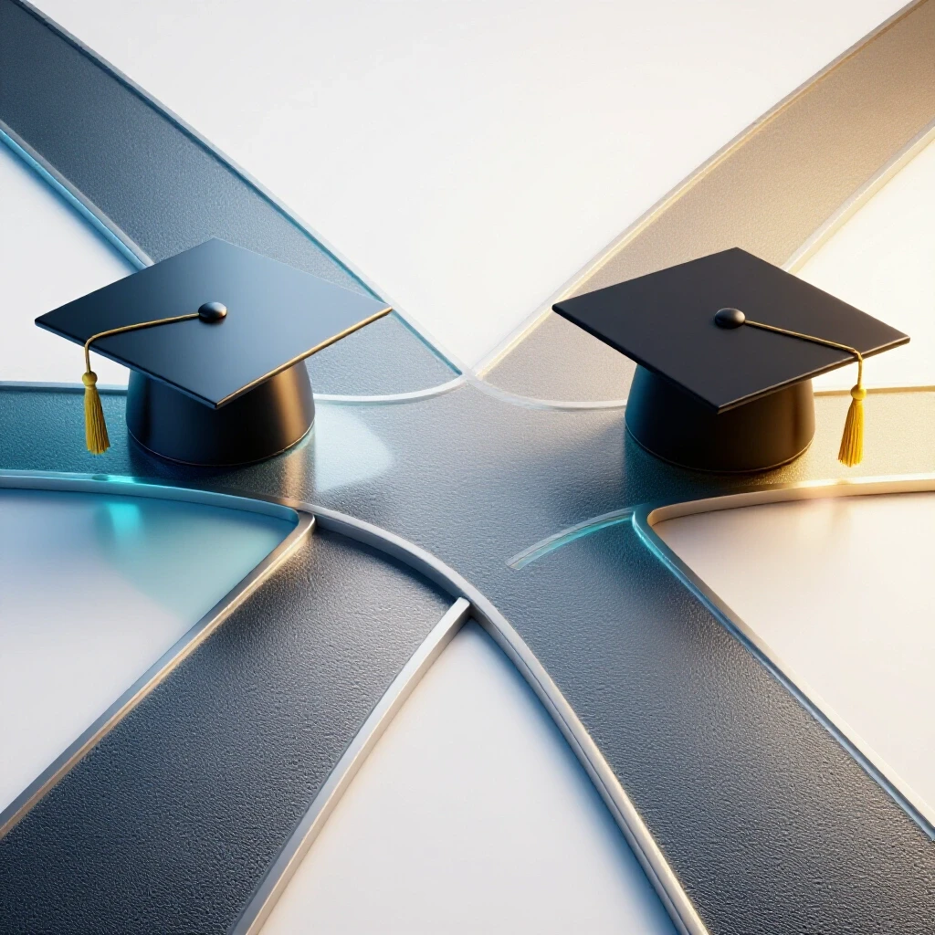 Two glowing graduation caps at a crossroads with divided bright background symbolizing academic choices