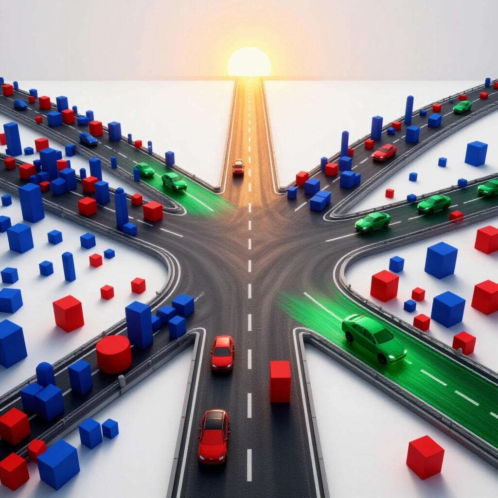 Bright crossroads with a crowded winding road and a sleek express lane leading toward a sunrise, symbolizing fast-track two-year degrees.
