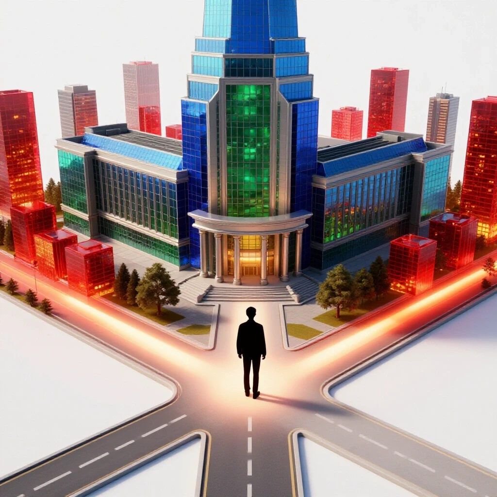 A symbolic crossroads with paths leading to a majestic university building and a vibrant city skyline, both brightly lit and rich in color.