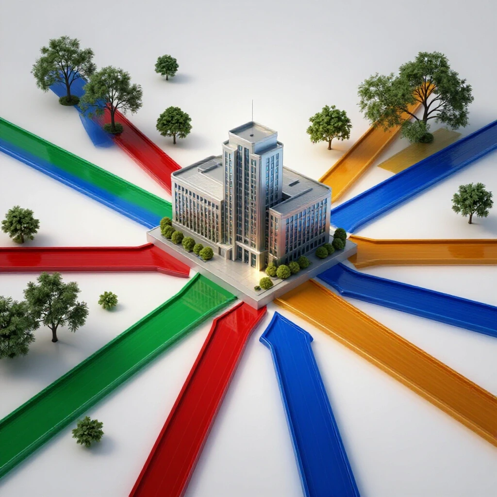 Glossy, multi-colored pathways converge at a modern university building on a bright white backdrop symbolizing choices in health science education.