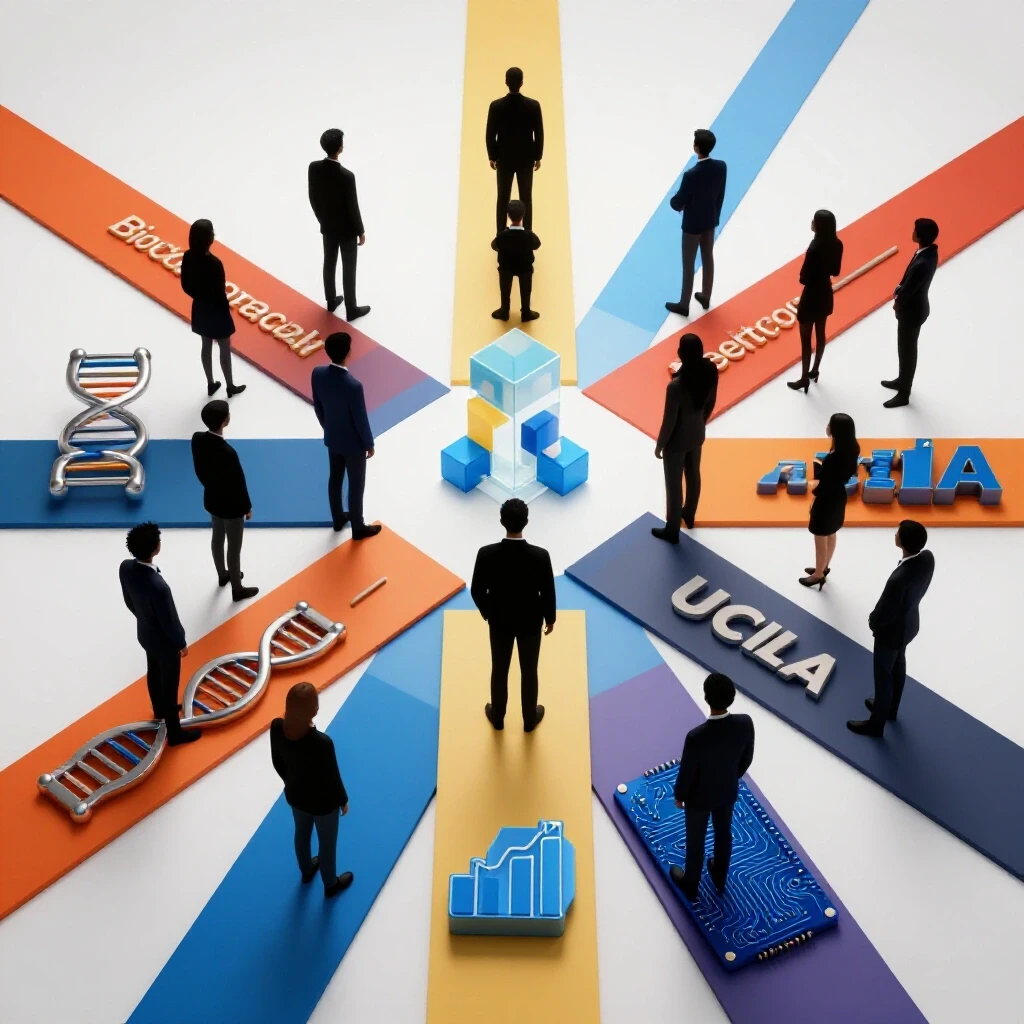 Abstract student figures at a bright crossroads, with vivid 3D icons symbolizing top UCLA majors and skills.