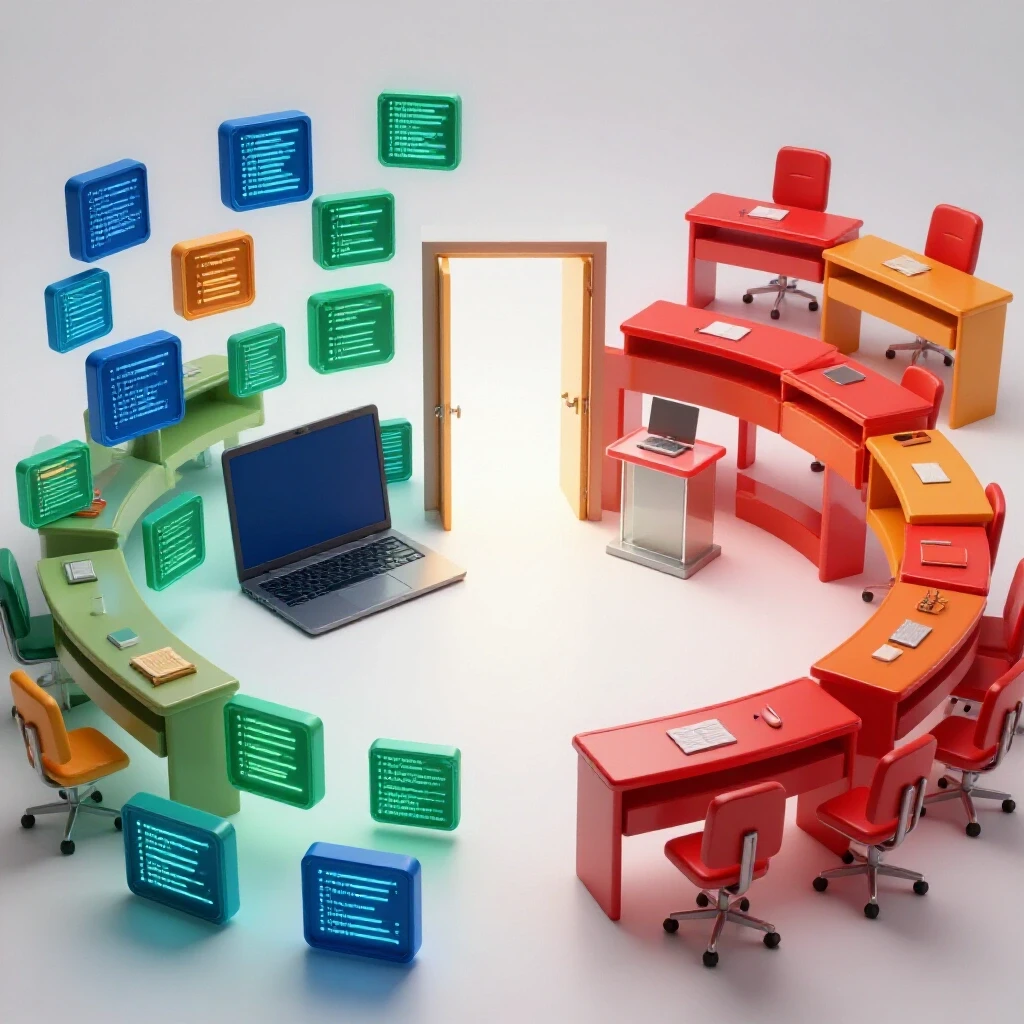 Split scene showing independent laptop learning with online icons on one side and a vibrant classroom with desks on the other, both leading to a glowing doorway representing career success.