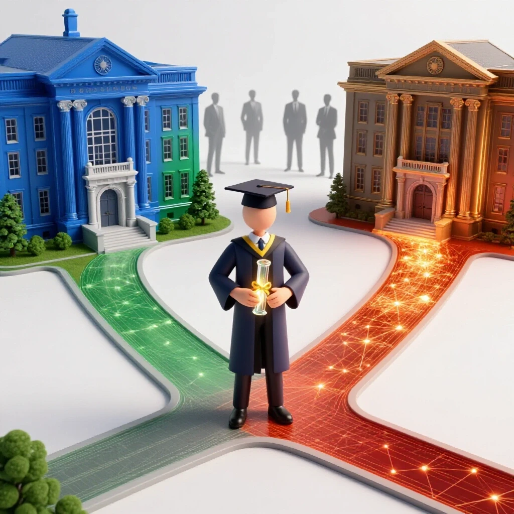 Confident graduate holding glowing diploma at crossroads between classic university and digital network under employer gaze