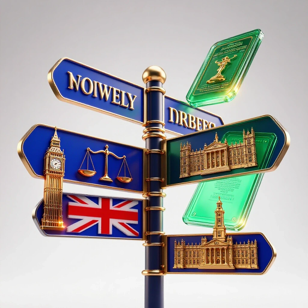 Colorful crossroads with UK law symbols on one side and a glowing digital diploma on the other, set on a bright studio background.