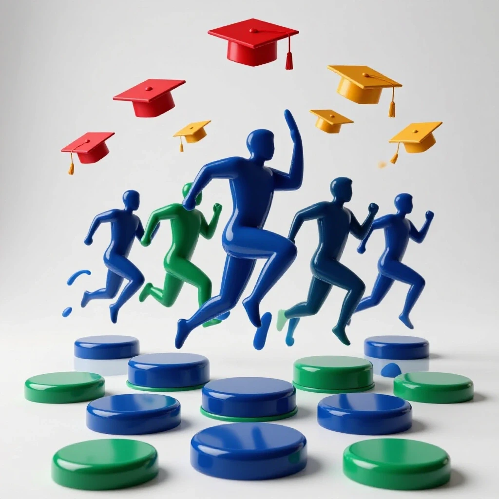 Stepping stones transforming into athletic figures with colorful graduation caps soaring on a bright background