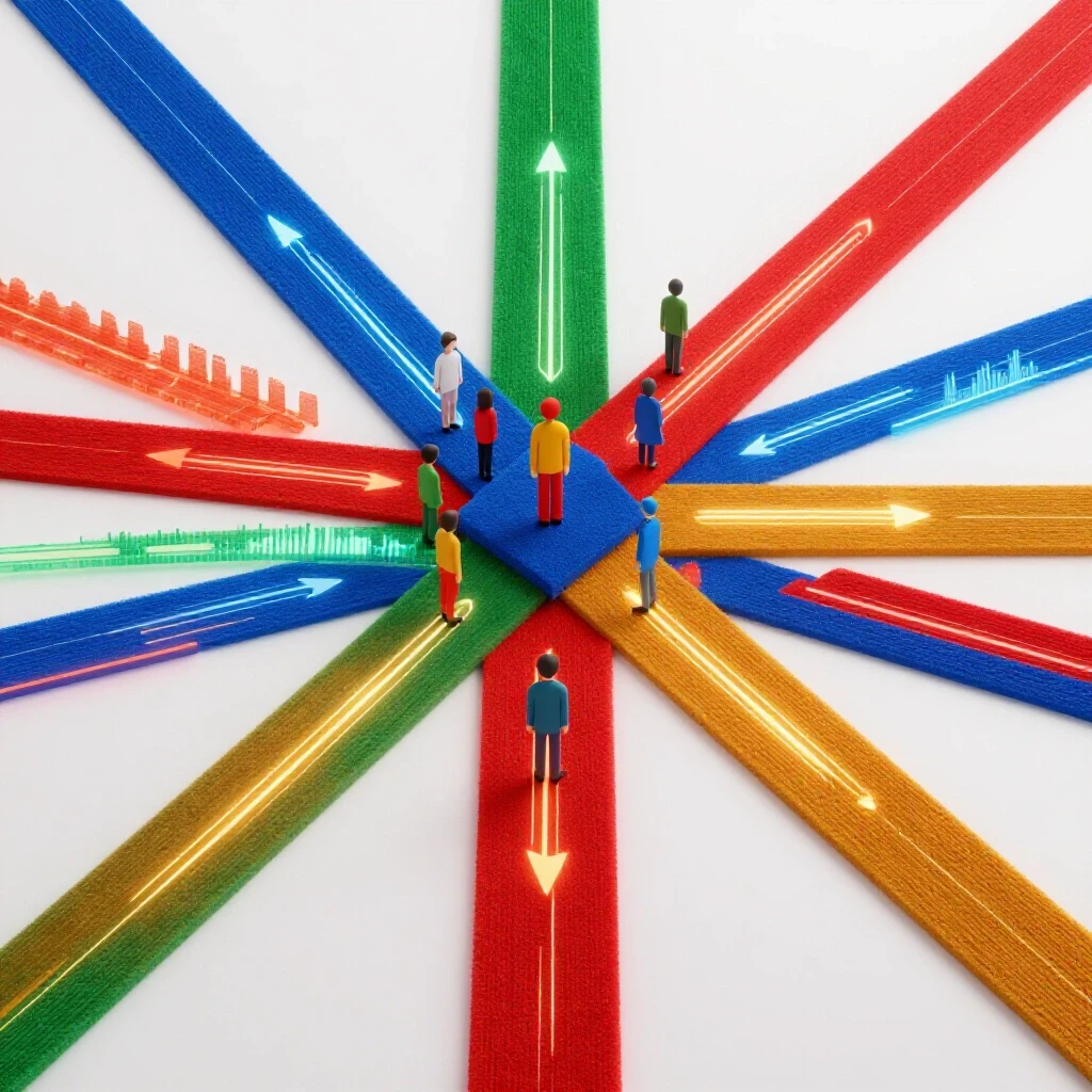 Vivid crossroads with glowing data streams branching into colorful paths, symbolizing student career choices.