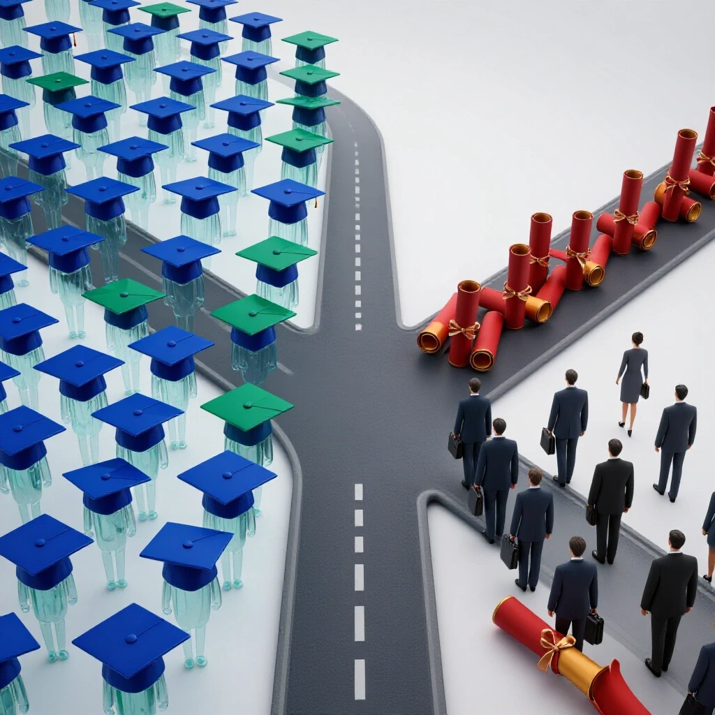 Bright crossroads scene with graduation caps and students on one path and diplomas with professional attire on the other, highlighting choices between undergrad and bachelor's pathways.