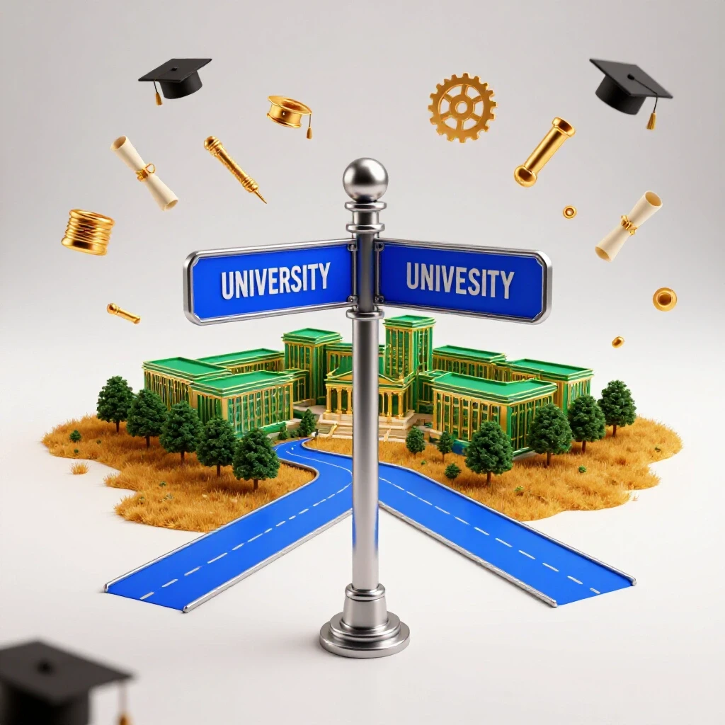 Vivid crossroads signpost with paths toward a university campus and an open field of academic symbols on bright white background.