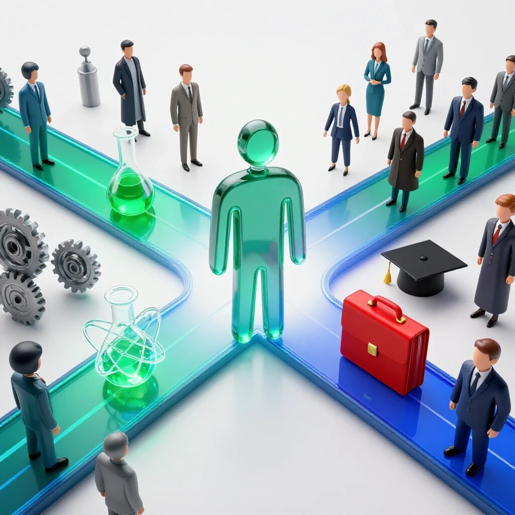 A symbolic crossroads shows a figure-shaped form choosing between a glowing scientific path and diverse professional icons.
