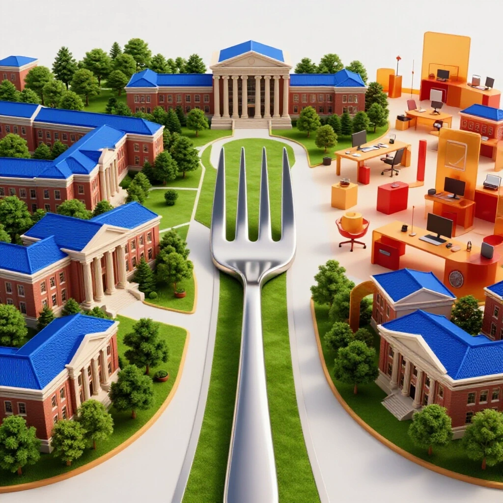 A central forked path diverges to a colorful academic campus on one side and a modern workspace on the other, both on a bright background.