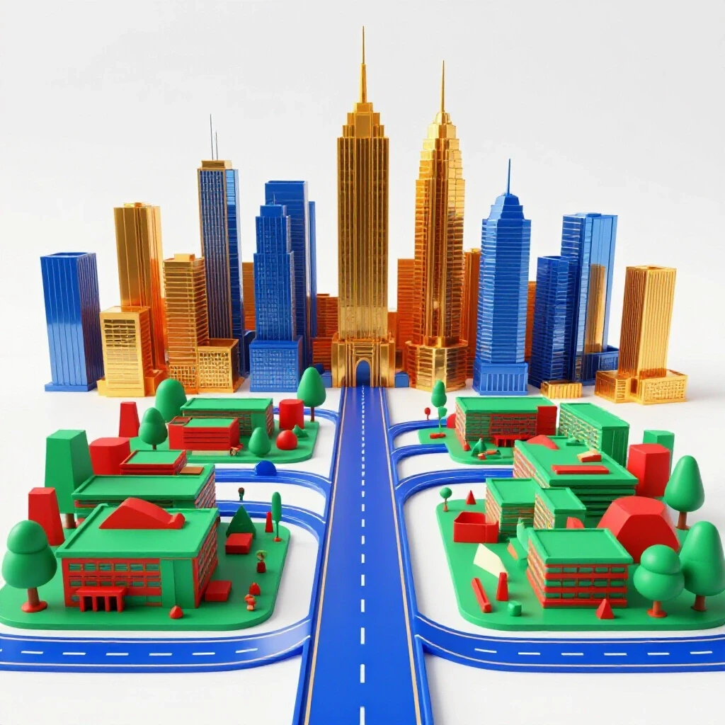 A vibrant branching road splits between a dynamic university campus and a modern city skyline on a bright background.