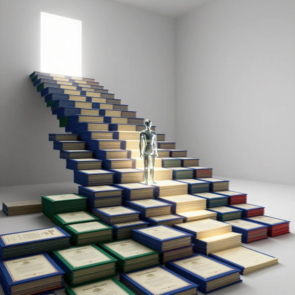 Staircase of glowing certificates ascends toward a radiant doorway, symbolizing the path to certification.