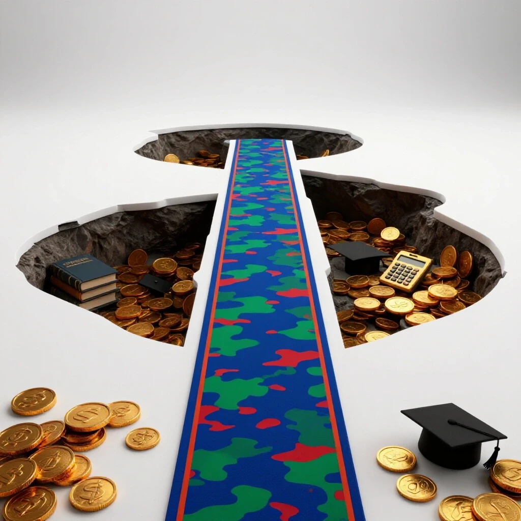 A vivid college pathway with camouflaged pitfalls hiding coins, books, and caps symbolizing hidden expenses.