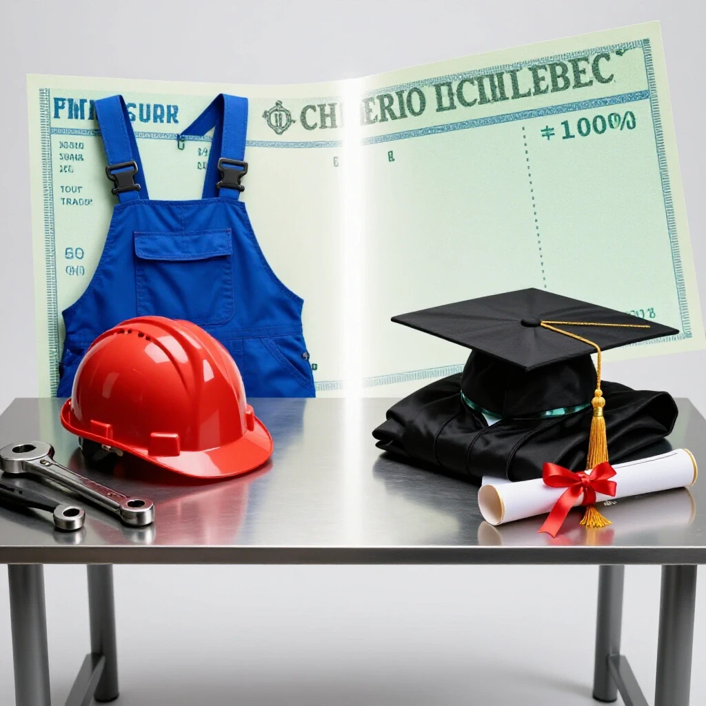 Split image shows tradesperson gear and paycheck on left, graduate attire and paycheck on right, with bright spotlight contrast.