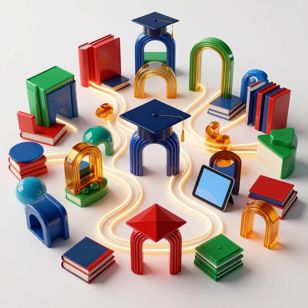 Diverse educational tools and environments interconnected by glowing pathways on a bright background.