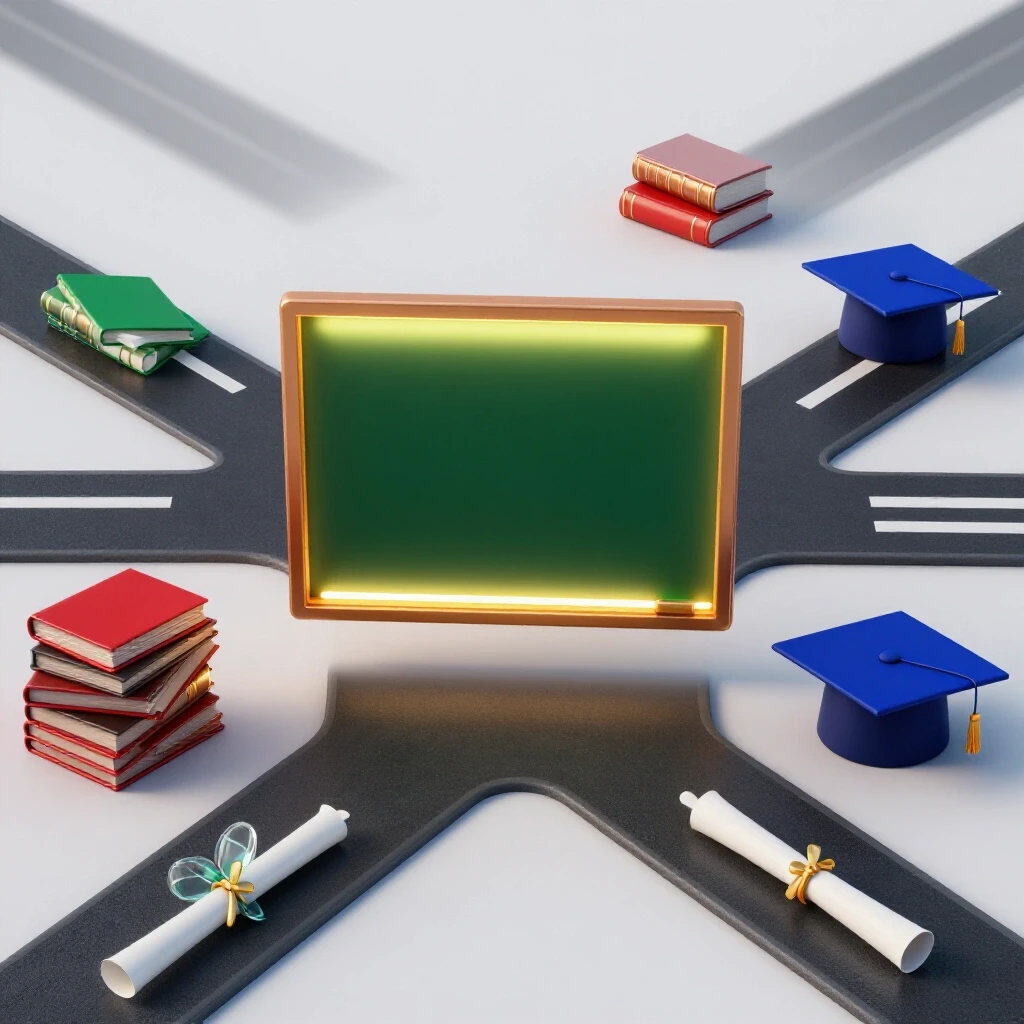 Glossy bulletin board at a crossroads with vivid academic symbols in radiant studio lighting