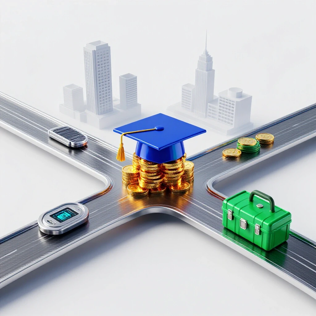 Crossroads featuring a graduation cap on gold coins and digital badges with a modern cityscape backdrop, symbolizing education and alternative career paths.