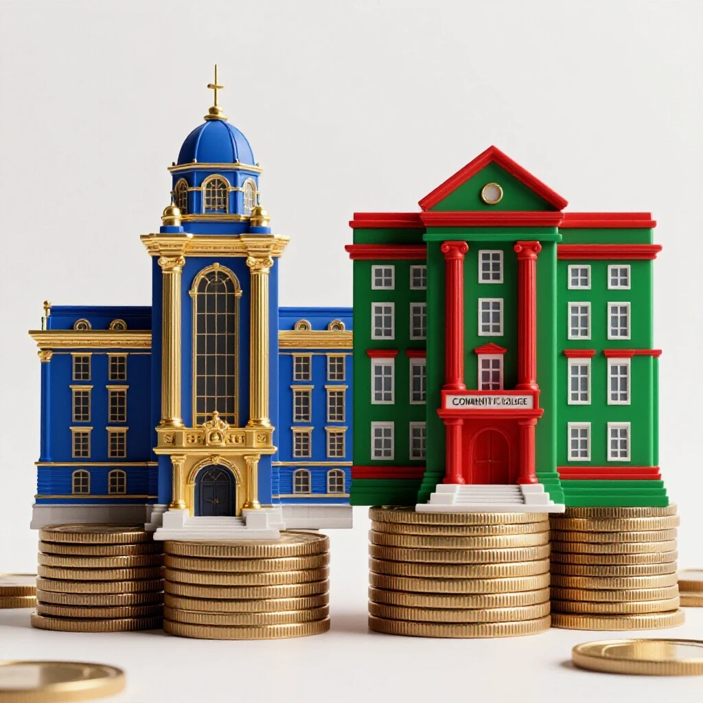Dramatic split scene of ornate university and modest community college balanced on coin stacks to show cost contrast