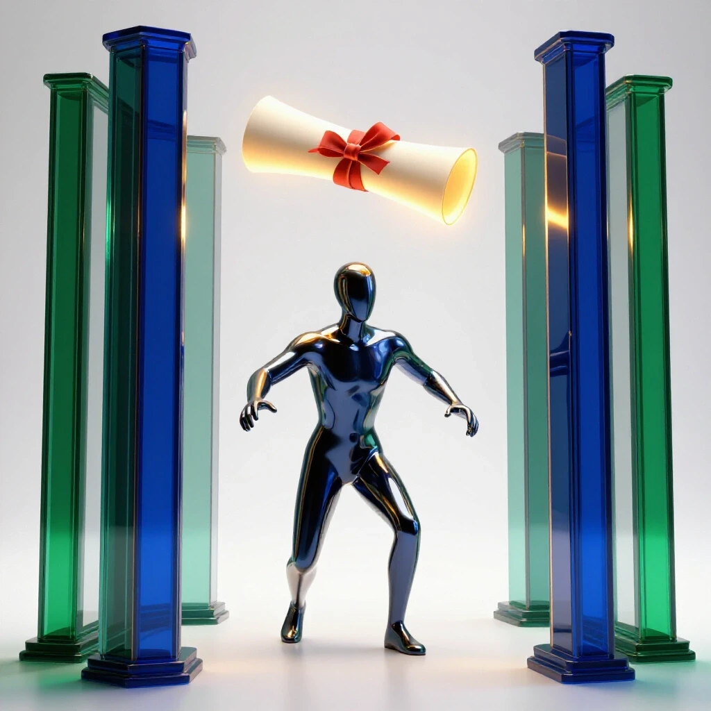 A glowing diploma floats behind clear barriers, with an abstract metallic figure reaching toward it on a bright background.