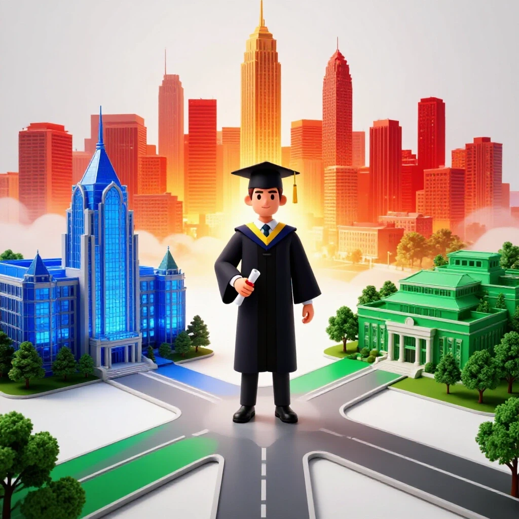 A glowing crossroads with paths leading to both a grand university and a modest campus, converging toward a luminous city skyline.
