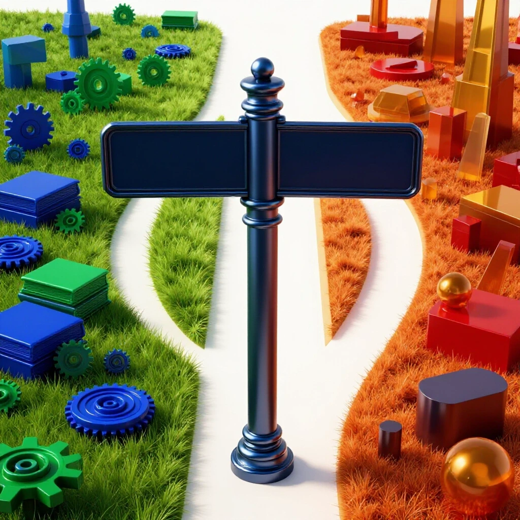 A crossroads signpost stands between two vibrant career landscapes—one familiar and structured, the other abstract and unknown—symbolizing career transition dilemmas.