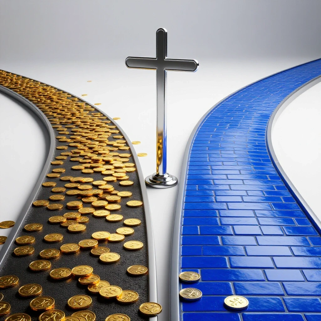 A polished 3D scene of two branching paths: one paved with coins leading to shadows, the other a bright uphill route, symbolizing loan choices.