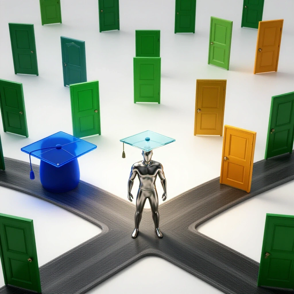 A metallic figure stands at a crossroads, choosing between a glowing graduation cap and vibrant opportunity doors.