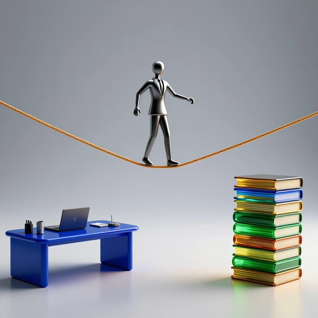 Abstract figure balances on a tightrope between a glossy office desk and glowing stack of vibrant books