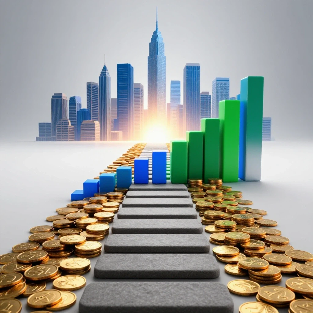Pathway of coins transforming into bar graphs leading to a brightly lit city skyline on a luminous background.