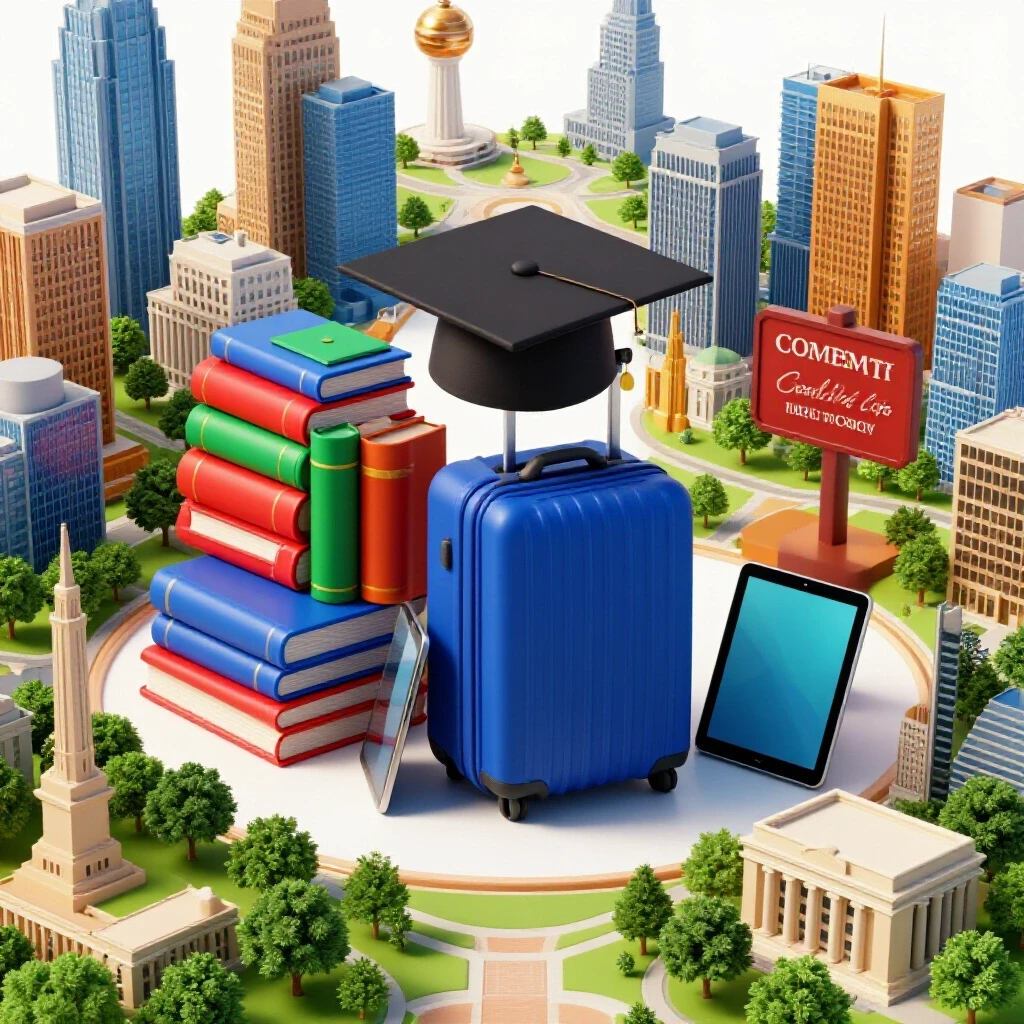 Vibrant city skyline merging with open campus spaces, surrounded by rich-colored college symbols