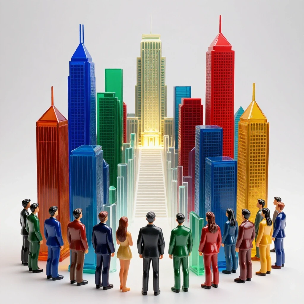 Abstract student figures face colorful barriers and city skyscrapers, leading toward a bright university building.